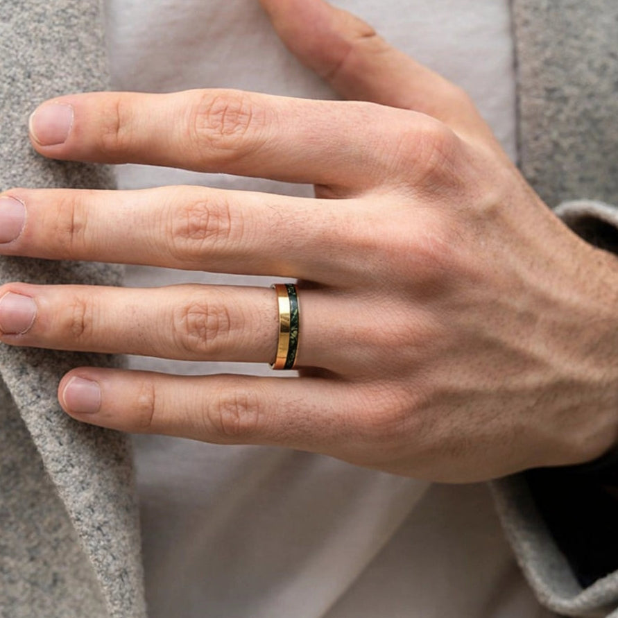 Silas’s Core | Moss Agate Minimalist Inlay Men’s Wedding Band.
