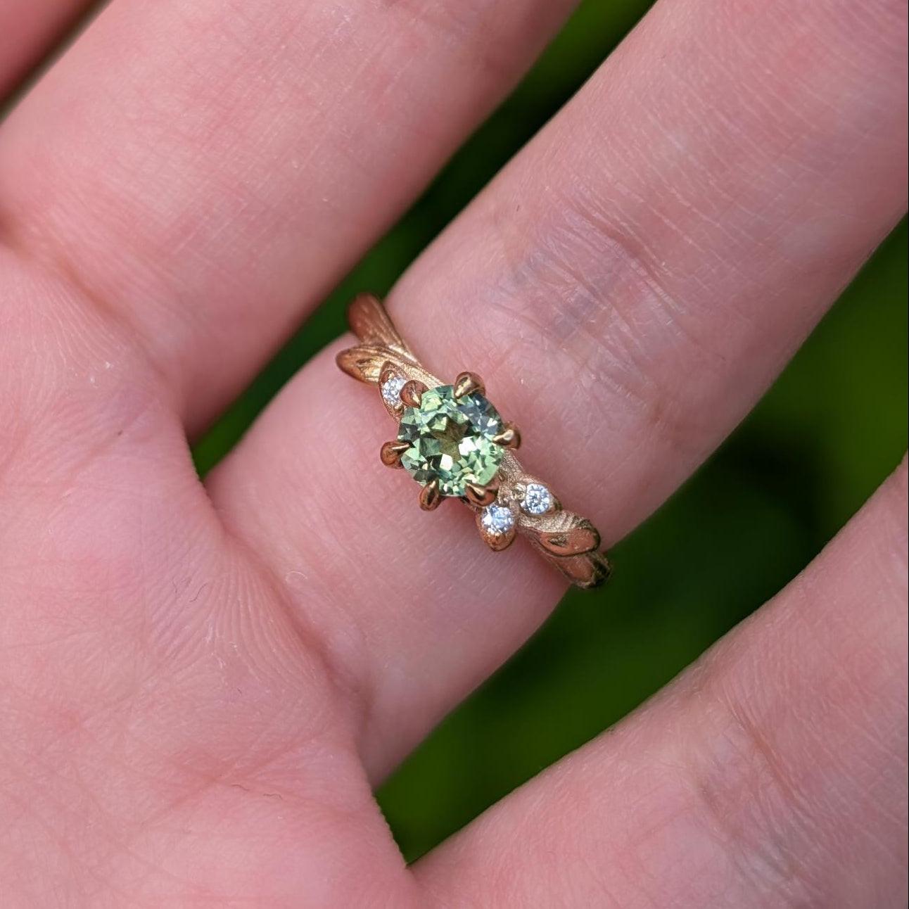 Fairy Glen | Teal Sapphire Engagement Ring with Leaf Band.