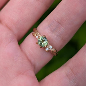 Fairy Glen | Teal Sapphire Engagement Ring with Leaf Band.