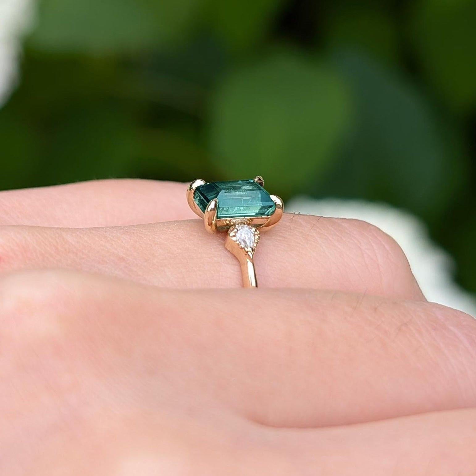 2CT Emerald Cut Green Gemstone Leafy Engagement Ring.
