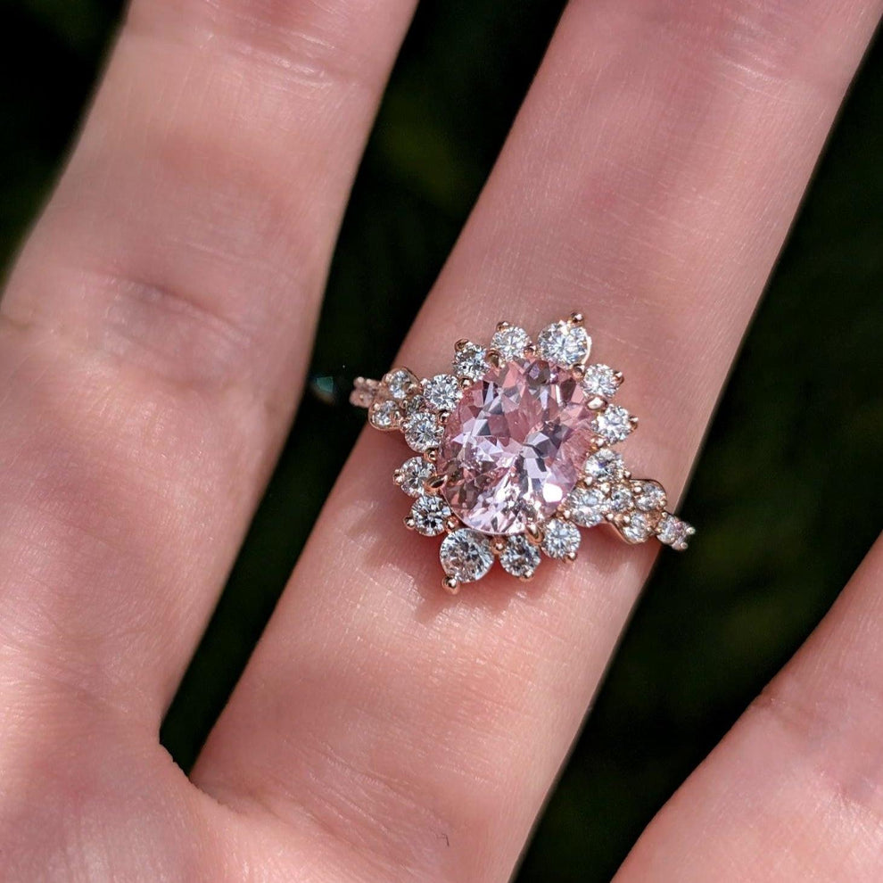 Lyra’s Halo | 1CT Oval Cut Pink Sapphire Halo Engagement Ring.