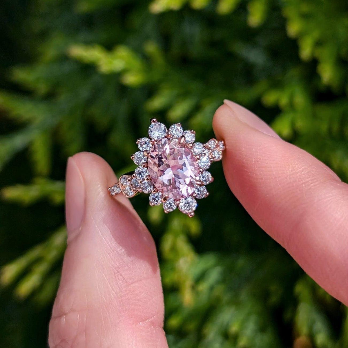 Lyra’s Halo | 1CT Oval Cut Pink Sapphire Halo Engagement Ring.