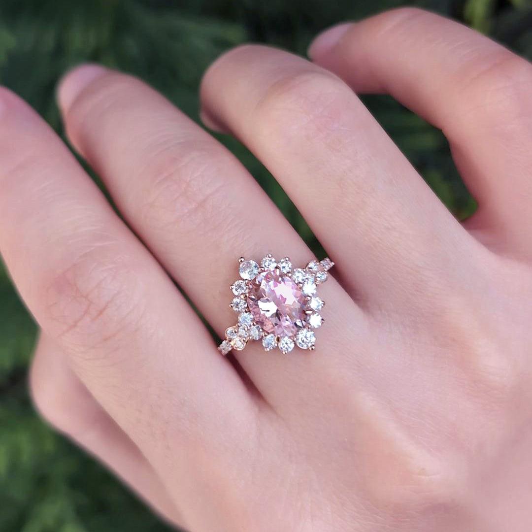 Lyra’s Halo | 1CT Oval Cut Pink Sapphire Halo Engagement Ring.