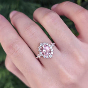 Lyra’s Halo | 1CT Oval Cut Pink Sapphire Halo Engagement Ring.