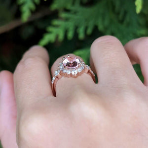 Lyra’s Halo | 1CT Oval Cut Pink Sapphire Halo Engagement Ring.