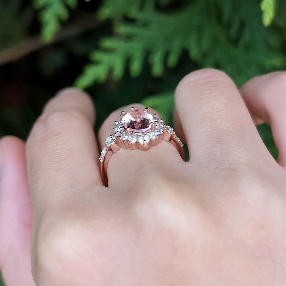 Lyra’s Halo | 1CT Oval Cut Pink Sapphire Halo Engagement Ring.