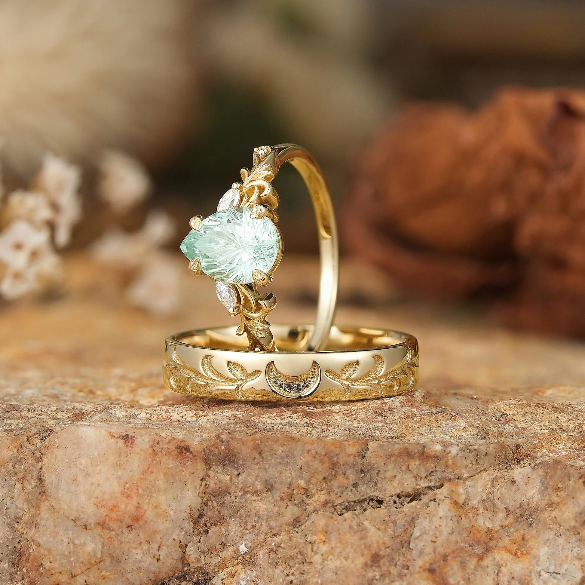 Selene’s Grove | Pear Green Sapphire & Moon Phase Couple Ring Set.