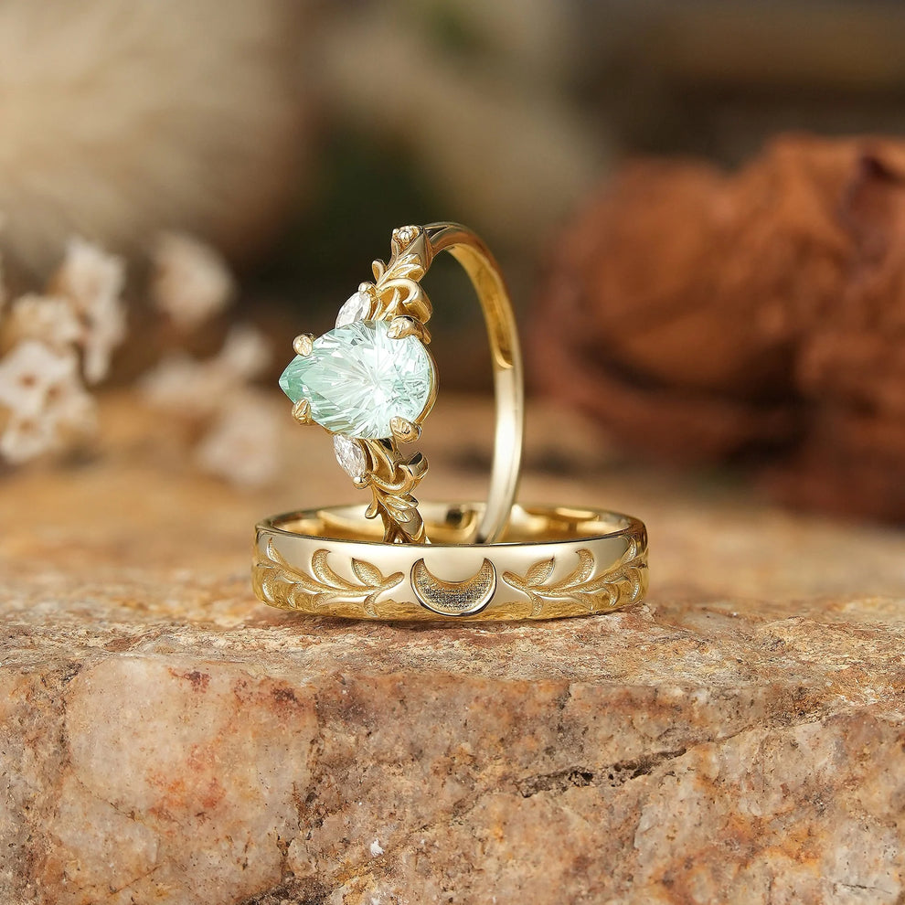 Selene’s Grove | Pear Green Sapphire & Moon Phase Couple Ring Set.