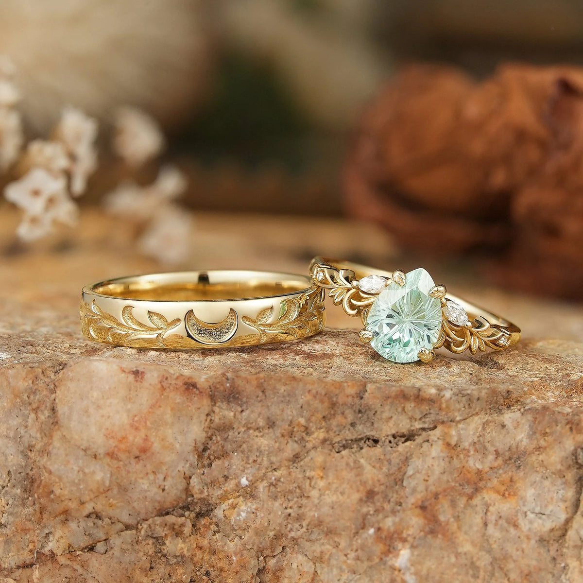 Selene’s Grove | Pear Green Sapphire & Moon Phase Couple Ring Set.
