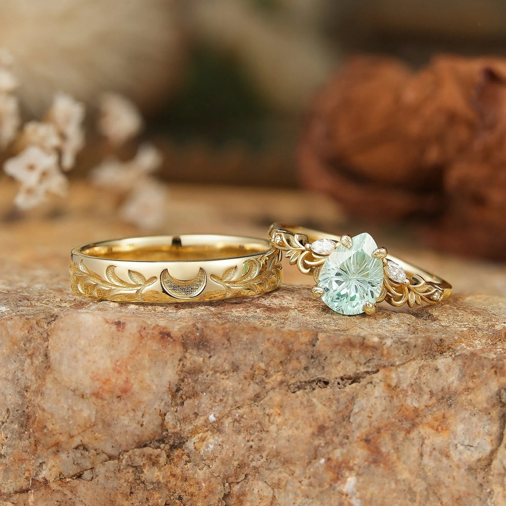 Selene’s Grove | Pear Green Sapphire & Moon Phase Couple Ring Set.