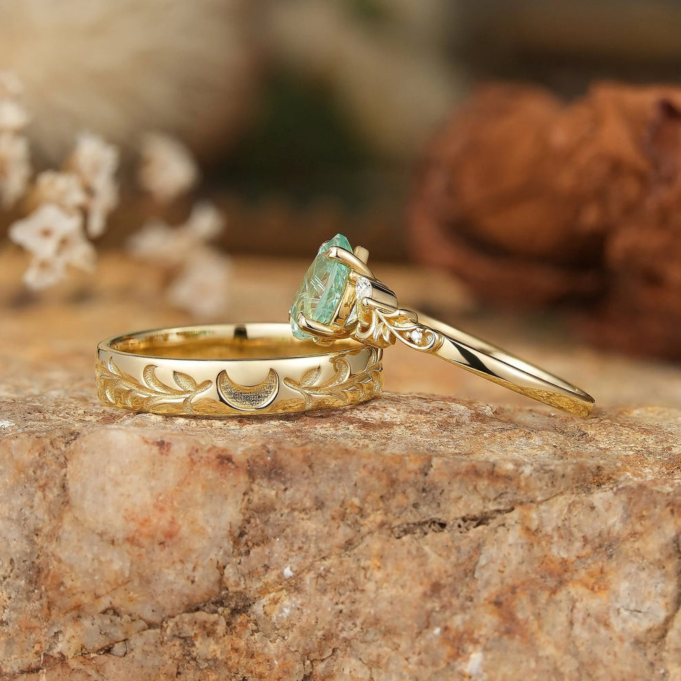 Selene’s Grove | Pear Green Sapphire & Moon Phase Couple Ring Set.