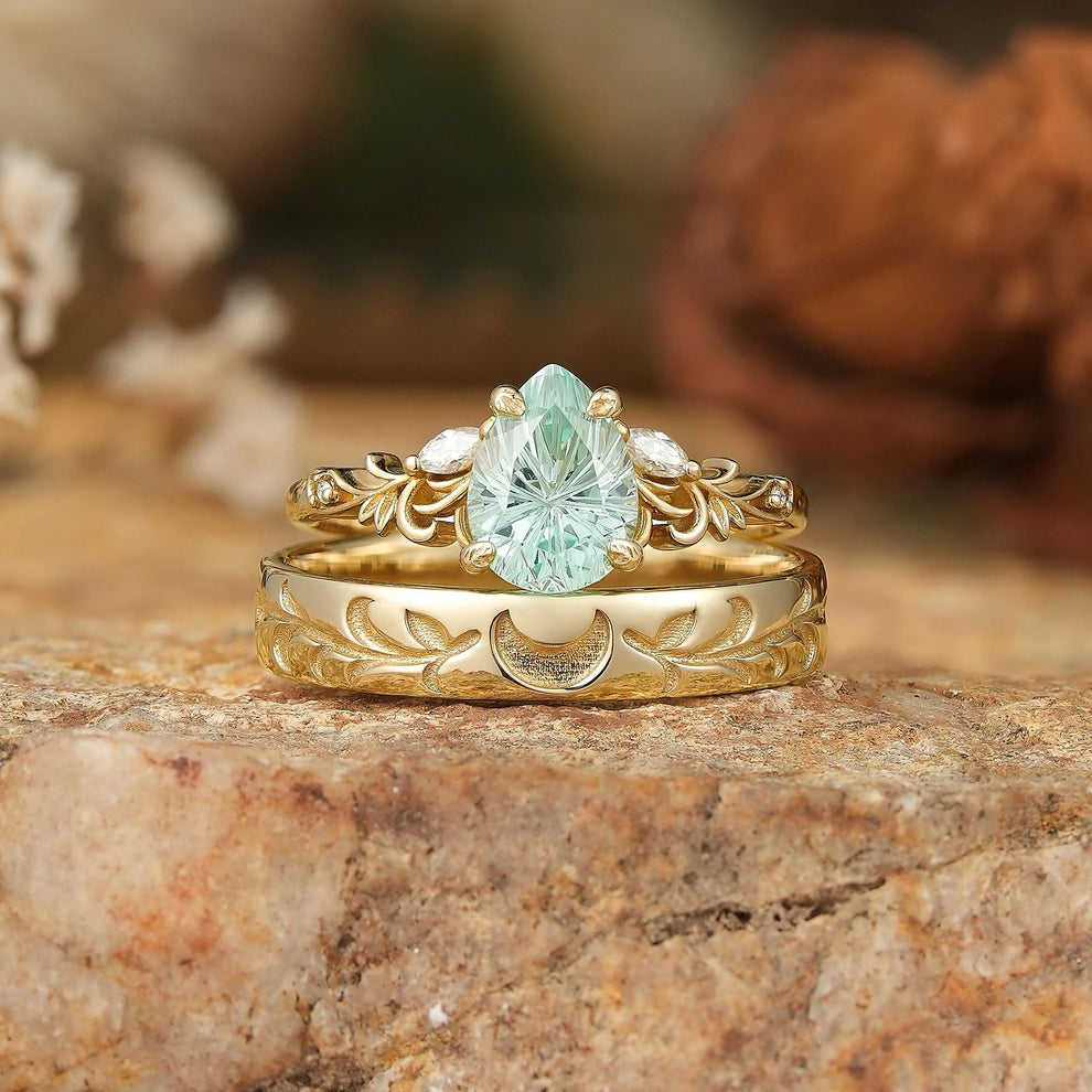 Selene’s Grove | Pear Green Sapphire & Moon Phase Couple Ring Set.
