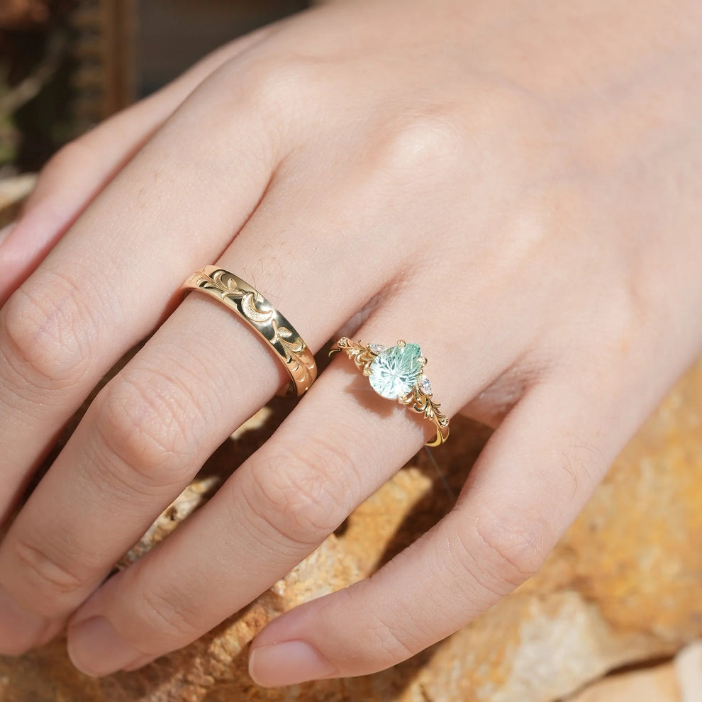 Selene’s Grove | Pear Green Sapphire & Moon Phase Couple Ring Set.