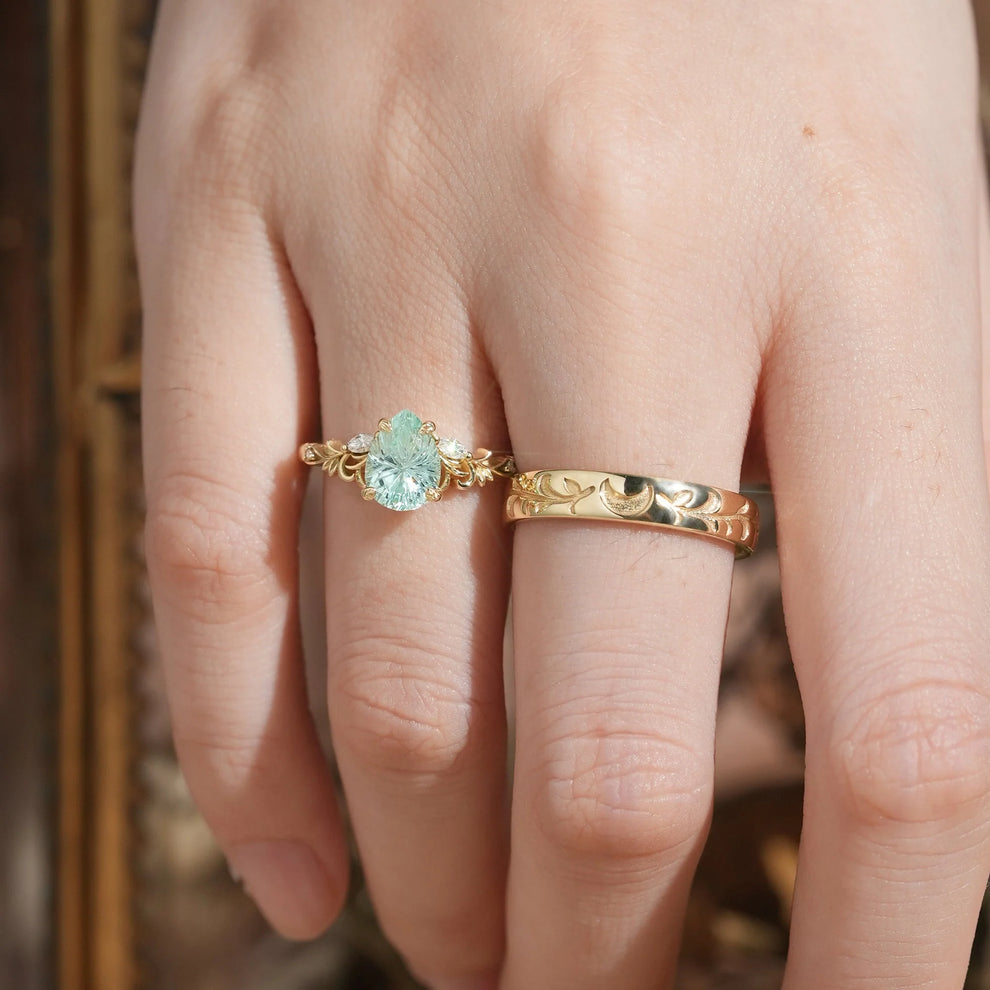 Selene’s Grove | Pear Green Sapphire & Moon Phase Couple Ring Set.