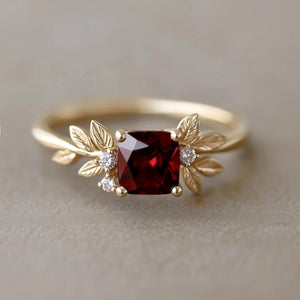 Crimson Grove Red Square Garnet Ring, Red Garnet engagement ring, Garnet Leaf Ring.