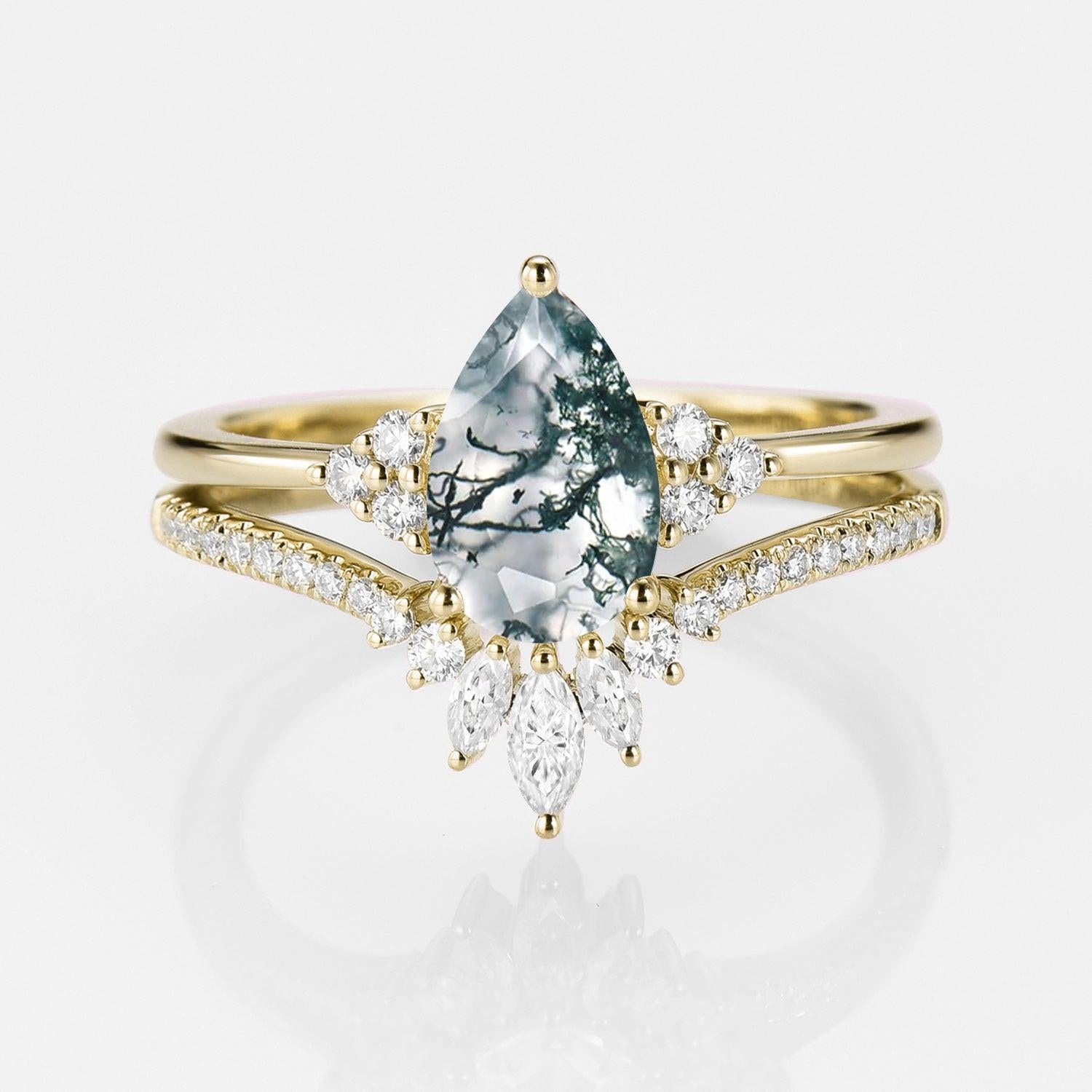 Lydia 1.5ct Signature Pear Vintage Moss Agate Engagement Ring Set 2pcs.