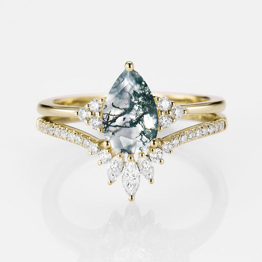 Lydia 1.5ct Signature Pear Vintage Moss Agate Engagement Ring Set 2pcs.