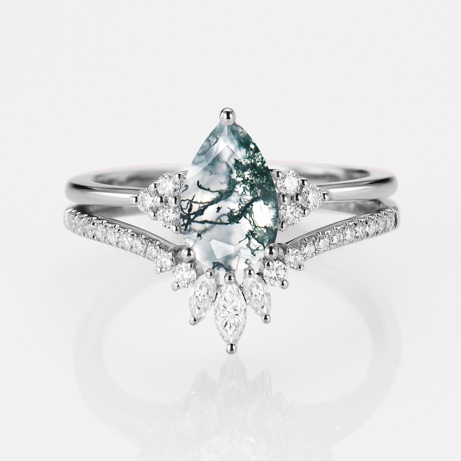 Lydia 1.5ct Signature Pear Vintage Moss Agate Engagement Ring Set 2pcs.