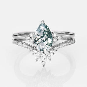 Lydia 1.5ct Signature Pear Vintage Moss Agate Engagement Ring Set 2pcs.