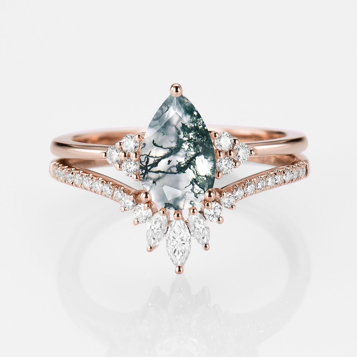 Lydia 1.5ct Signature Pear Vintage Moss Agate Engagement Ring Set 2pcs.