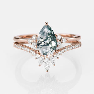 Lydia 1.5ct Signature Pear Vintage Moss Agate Engagement Ring Set 2pcs.