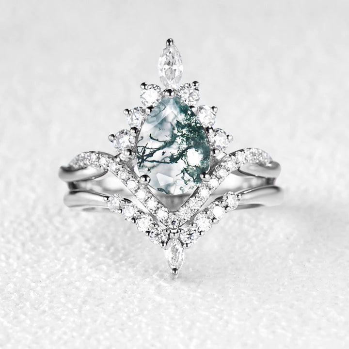 Pear Shaped Moss Agate Infinity Engagement Ring Set 2pcs.