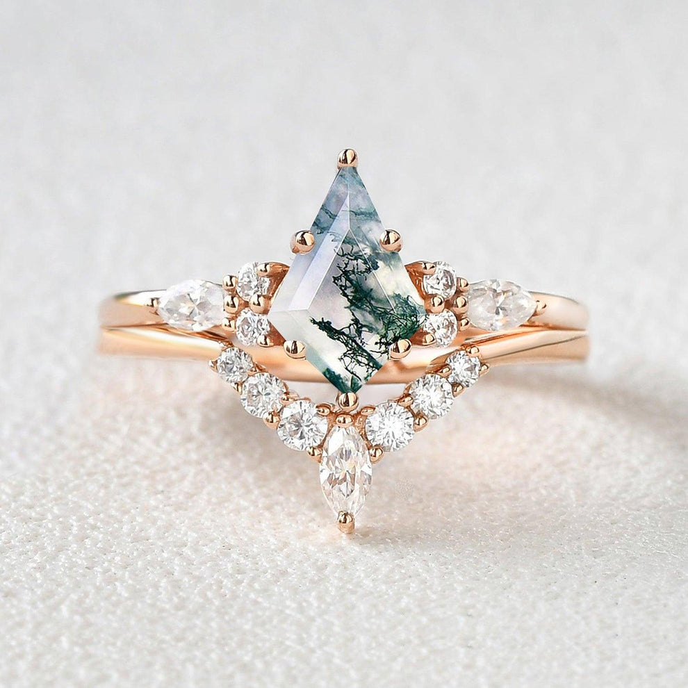 Kite Cut Moss Agate Marquise Engagement Ring Set 2pcs.