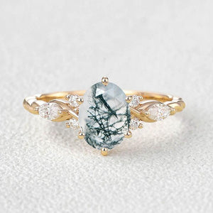 Flora’s Eternal | Oval Moss Agate Infinity Engagement Ring.