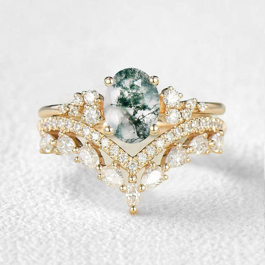Cressida’s Verdure | Vintage Oval Moss Agate Bridal Set 2pcs.