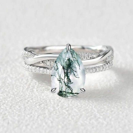 Infinity Pear Cut Moss Agate Straight Ring Set 2pcs.