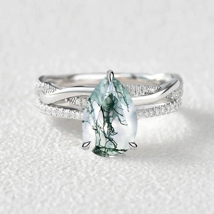 Infinity Pear Cut Moss Agate Straight Ring Set 2pcs.