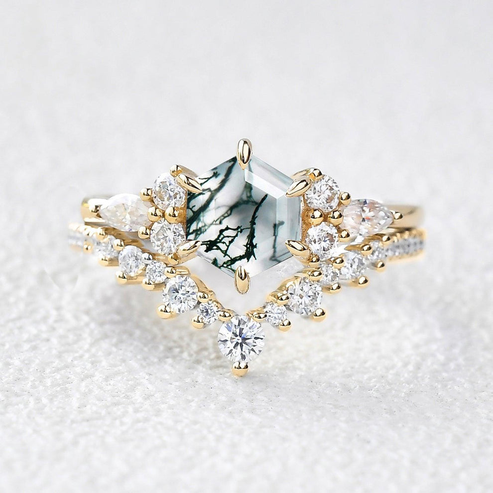 Inaya Vintage Hexagon Cut Moss Agate Engagement Ring Set 2pcs.