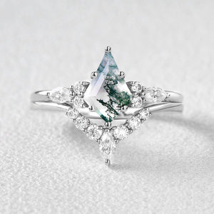 Kite Cut Moss Agate Marquise Engagement Ring Set 2pcs.