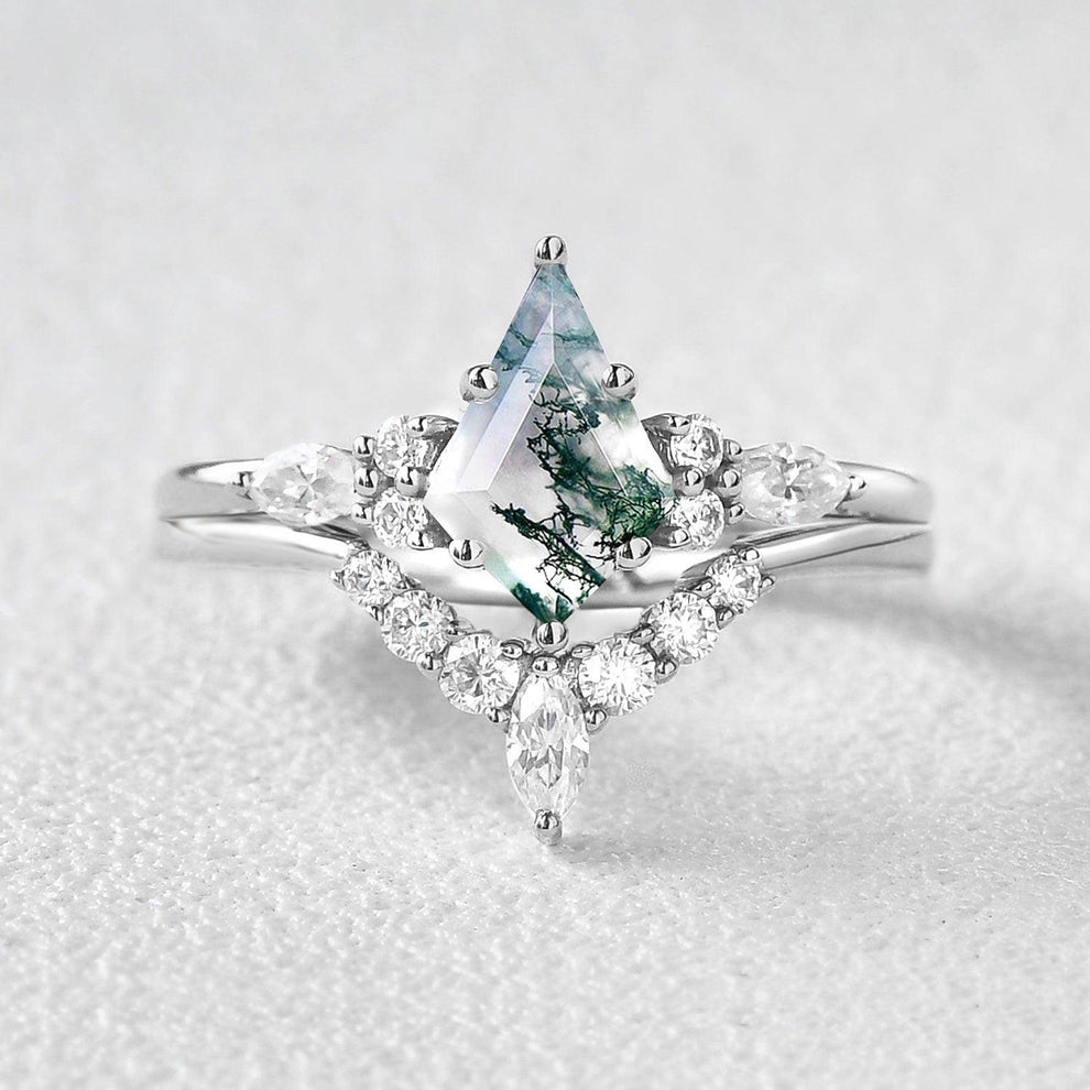Kite Cut Moss Agate Marquise Engagement Ring Set 2pcs.