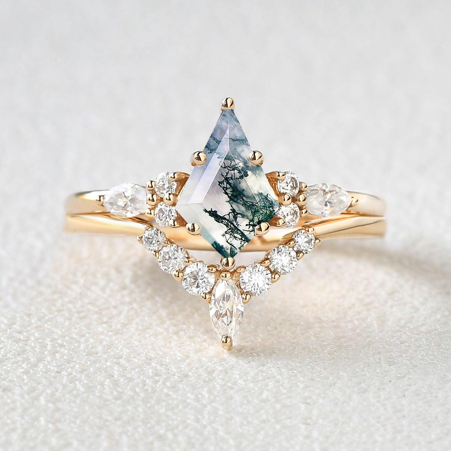 Kite Cut Moss Agate Marquise Engagement Ring Set 2pcs.