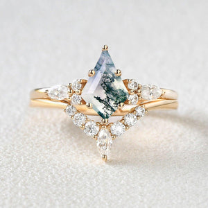 Kite Cut Moss Agate Marquise Engagement Ring Set 2pcs.