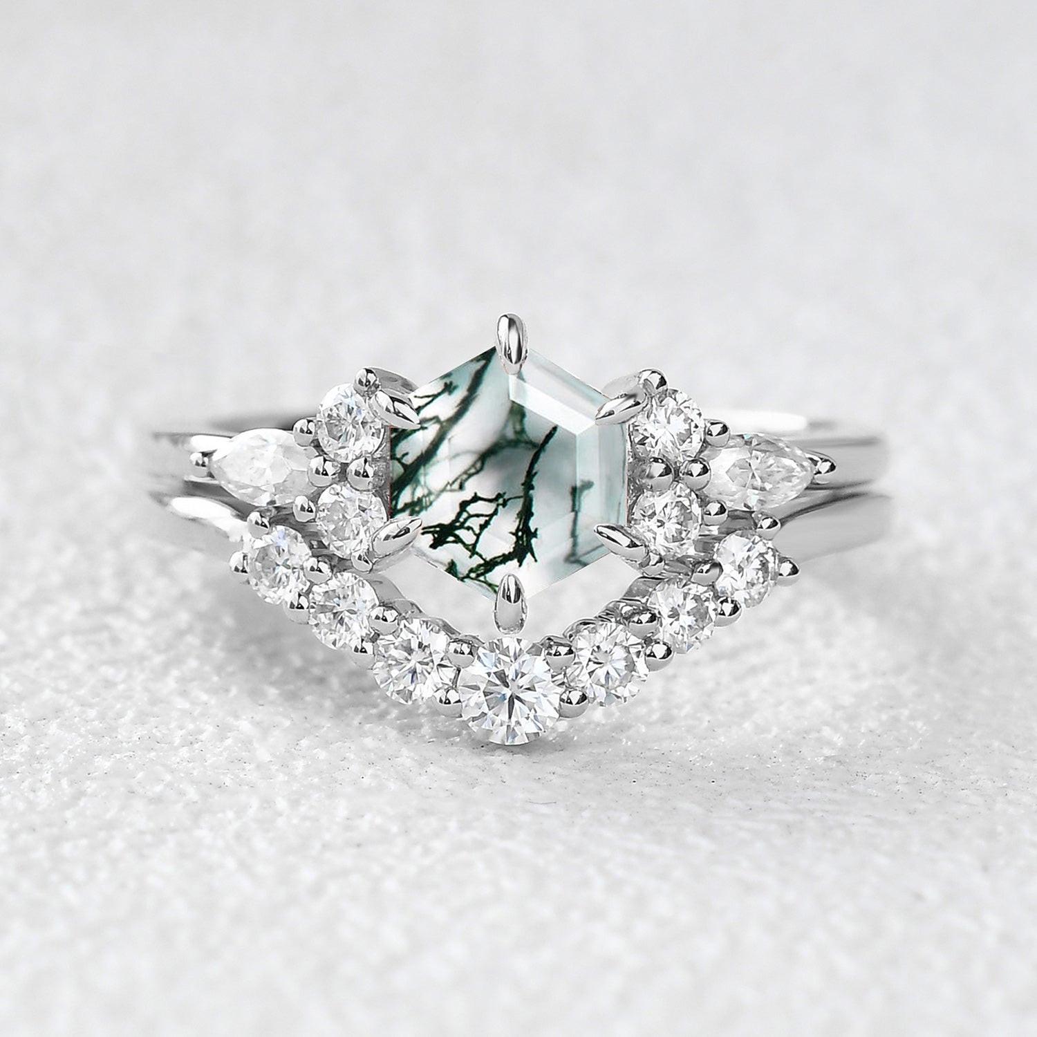 1.0ct Hexagon Moss Agate Cluster Engagement Ring Set 2pcs.