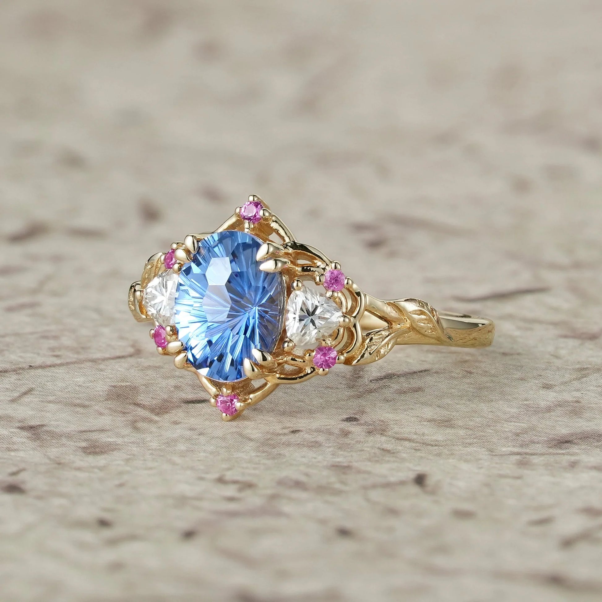 Audrey Three-Stone Sparkle Cut Sapphire Engagement Ring.