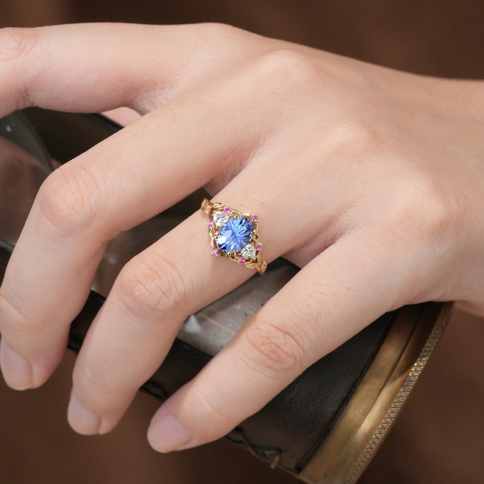 Audrey Three-Stone Sparkle Cut Sapphire Engagement Ring.