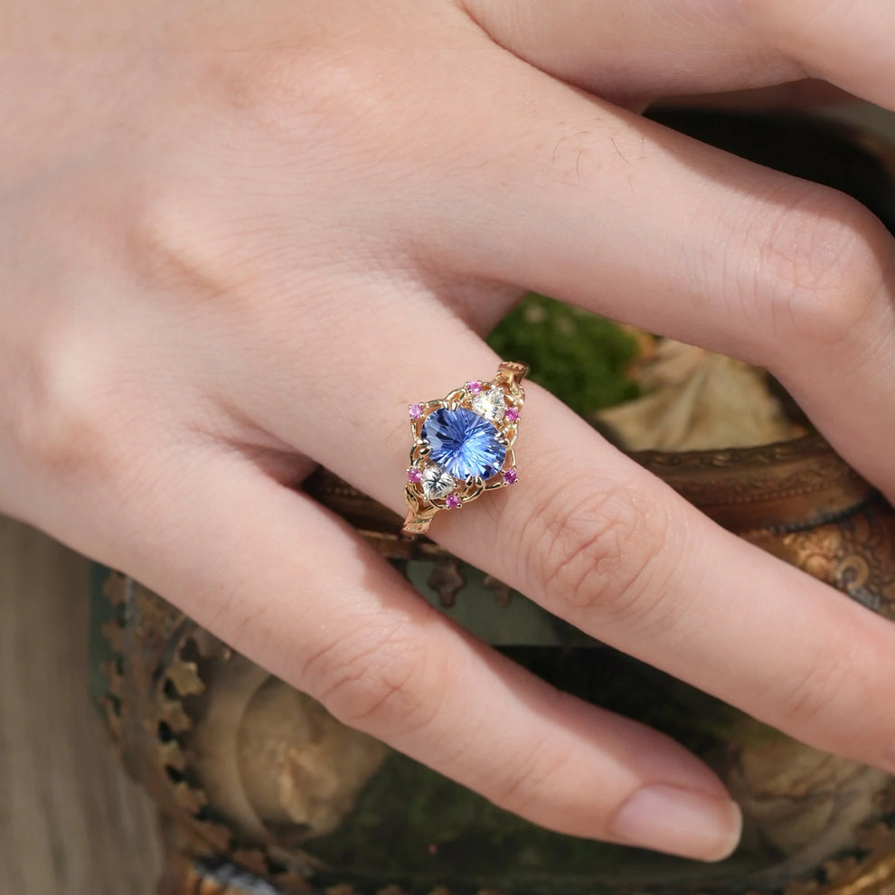 Audrey Three-Stone Sparkle Cut Sapphire Engagement Ring.