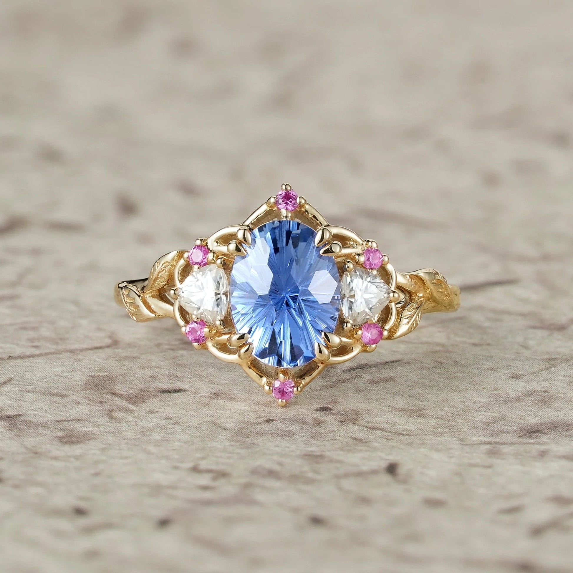 Audrey Three-Stone Sparkle Cut Sapphire Engagement Ring.