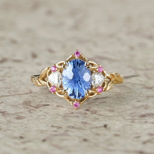 Audrey Three-Stone Sparkle Cut Sapphire Engagement Ring.