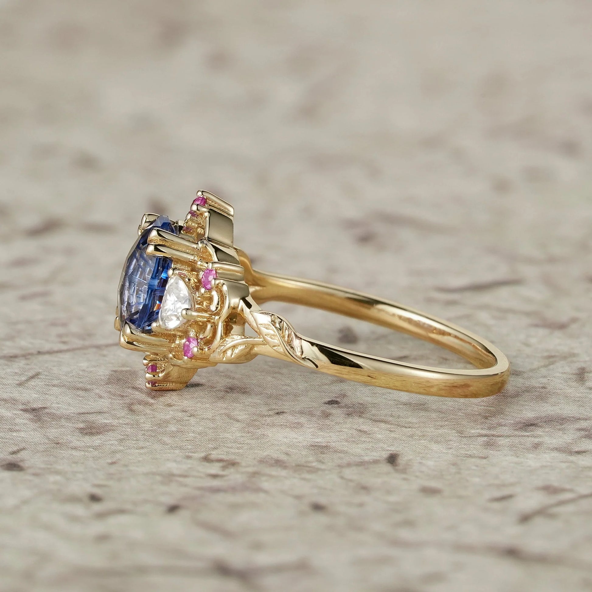 Audrey Three-Stone Sparkle Cut Sapphire Engagement Ring.