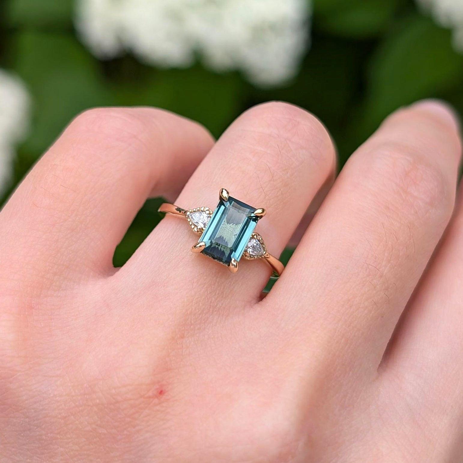 2CT Emerald Cut Green Gemstone Leafy Engagement Ring.