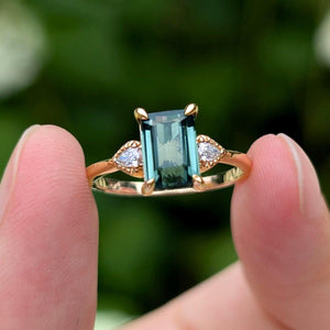 2CT Emerald Cut Green Gemstone Leafy Engagement Ring.