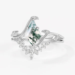 Ivy Unique Kite Cut Moss Agate Leafy Engagement Ring Sets 2pcs.