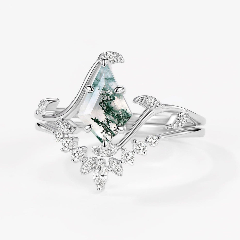 Ivy Unique Kite Cut Moss Agate Leafy Engagement Ring Sets 2pcs.