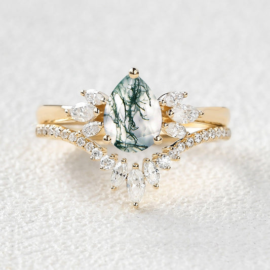 Fairy Ring - 1.5ct Pear Shaped Moss Agate Butterfly Cluster Ring Set 2pcs.
