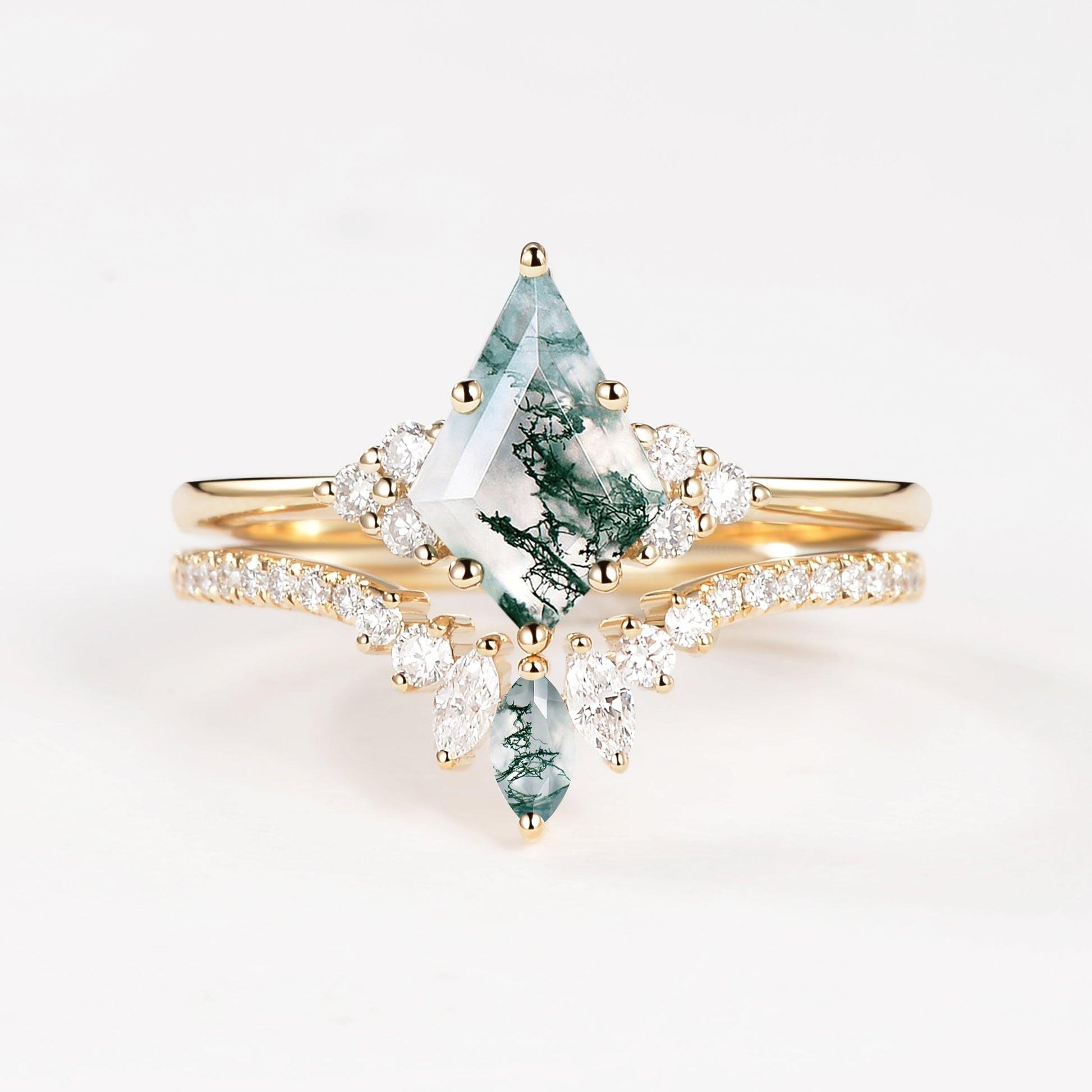 Lydia Unique Moss Agate Cluster Engagement Ring Set 2pcs.