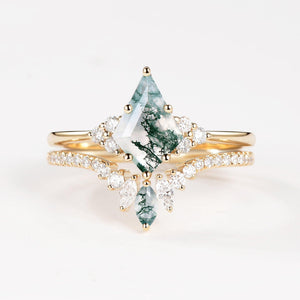 Lydia Unique Moss Agate Cluster Engagement Ring Set 2pcs.
